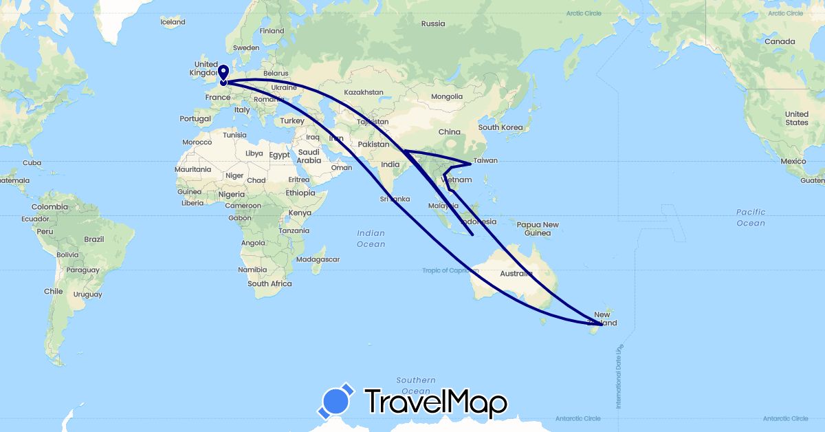 TravelMap itinerary: driving in Belgium, Hong Kong, Indonesia, Cambodia, Laos, Sri Lanka, Nepal, New Zealand, Vietnam (Asia, Europe, Oceania)